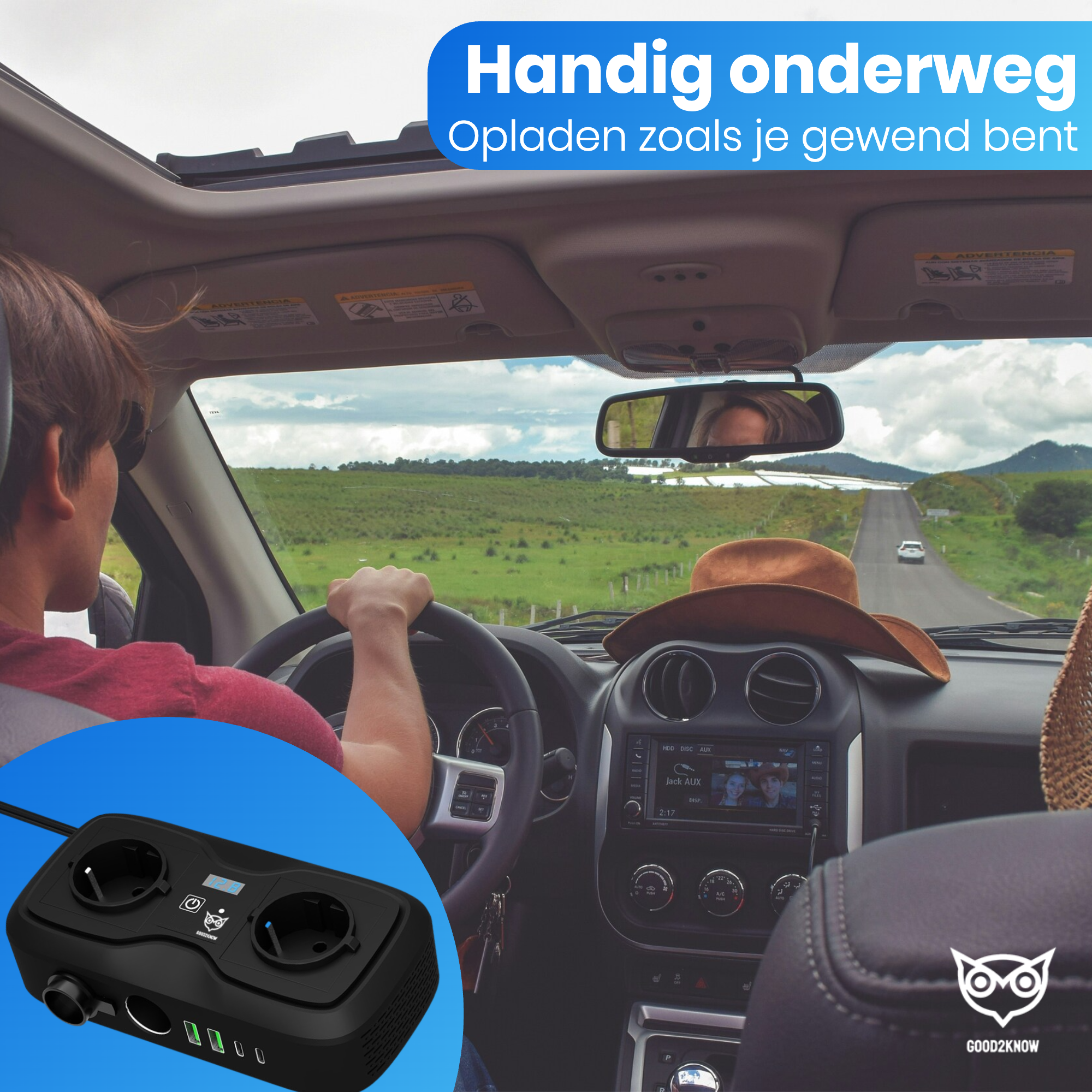 Auto Omvormer 12V 230V – Spanningsomvormer – Auto stopcontact omvormer - Sigarettenaansteker Splitter – 2 Stopcontacten, 2 usb-a poorten, 2 usb-c poorten, 1 aanstekerpoort