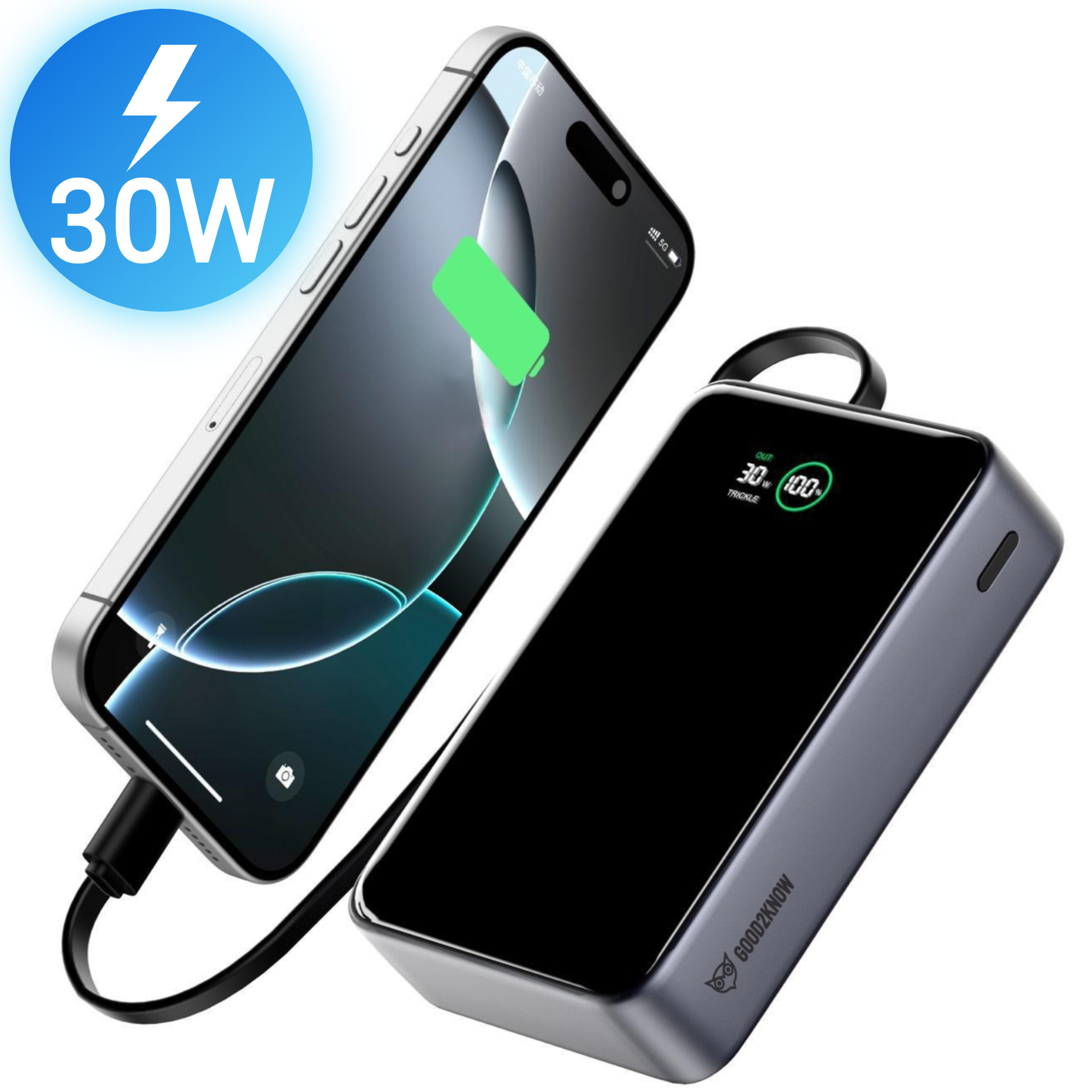 Powerbank 20.000 mAh - 30W Snellader met Ingebouwde USB-C Kabel - Laptop powerbank - Smartphone powerbank - [G2K-78]