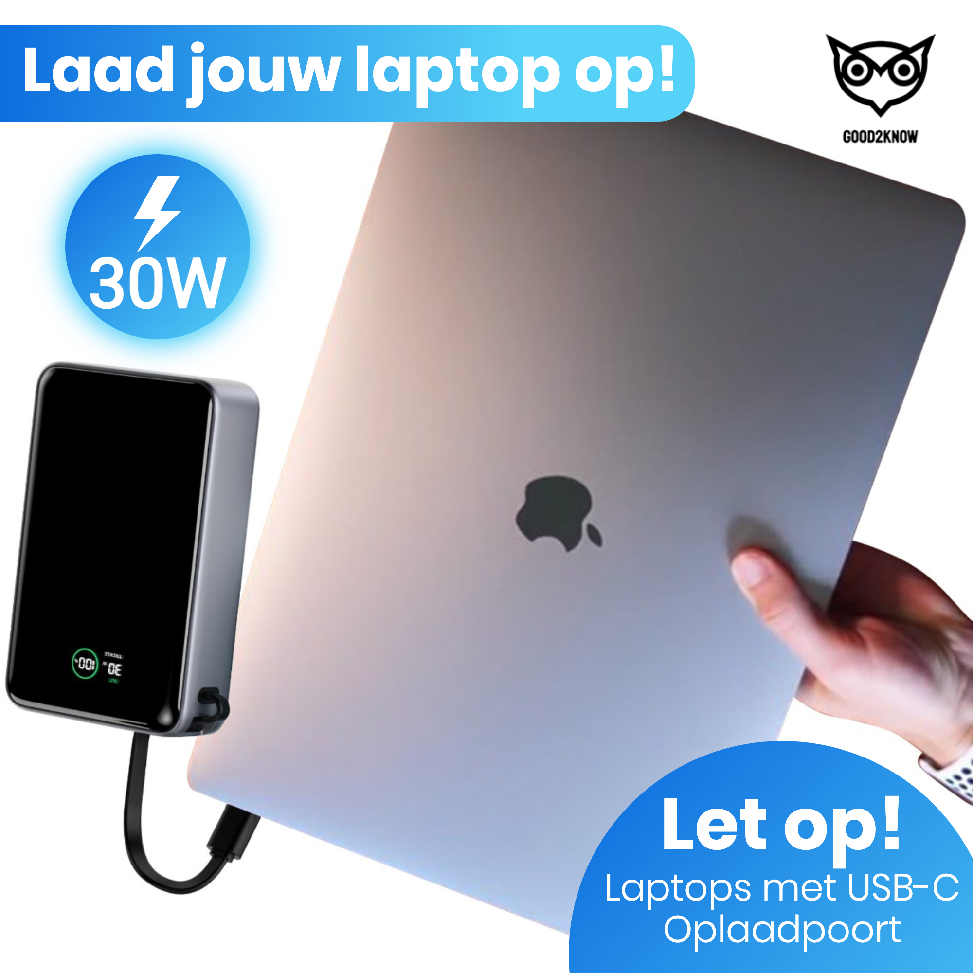 Powerbank 20.000 mAh - 30W Snellader met Ingebouwde USB-C Kabel - Laptop powerbank - Smartphone powerbank - [G2K-78]