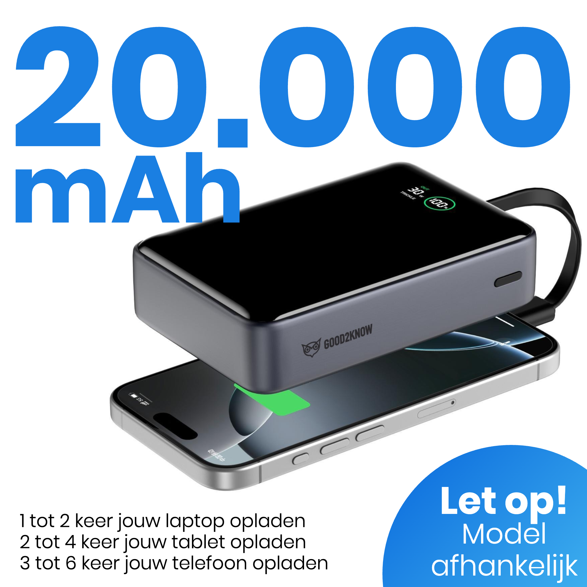 Powerbank 20.000 mAh - 30W Snellader met Ingebouwde USB-C Kabel - Laptop powerbank - Smartphone powerbank - [G2K-78]