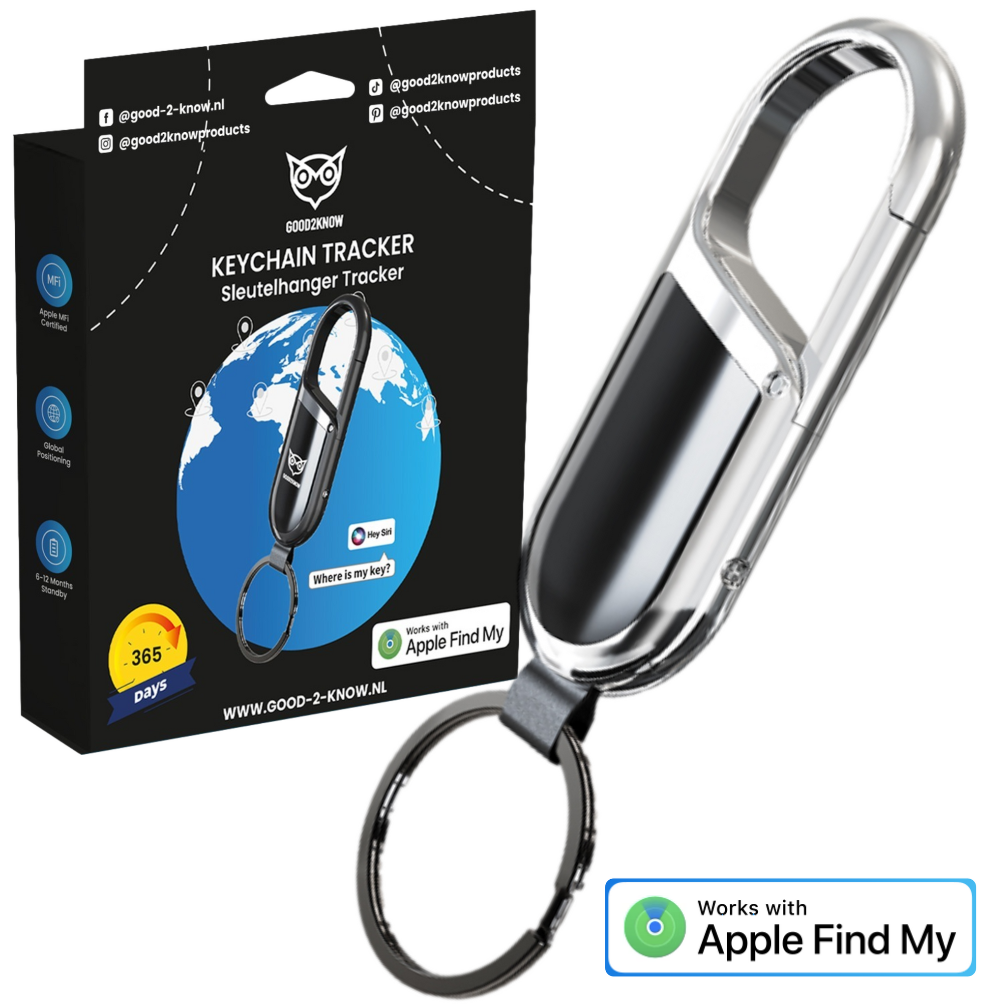 Airtag Sleutelhanger Zilver - Keyfinder - GPS Tracker - Sleutelvinder met geluid – GPS Sleutelhanger Tracker – Waterdicht – Werkt met Apple Zoek Mijn