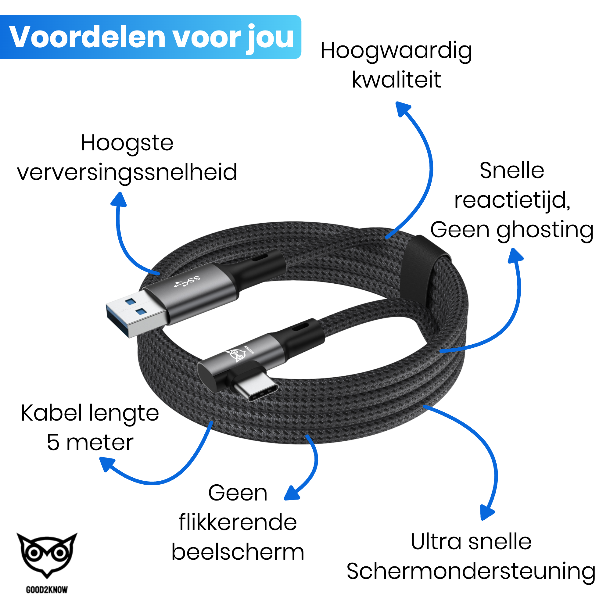 VR Kabel geschikt voor Oculus Quest 2, 1 en Meta 3 Link kabel - USB A - 5 Meter - VR bril