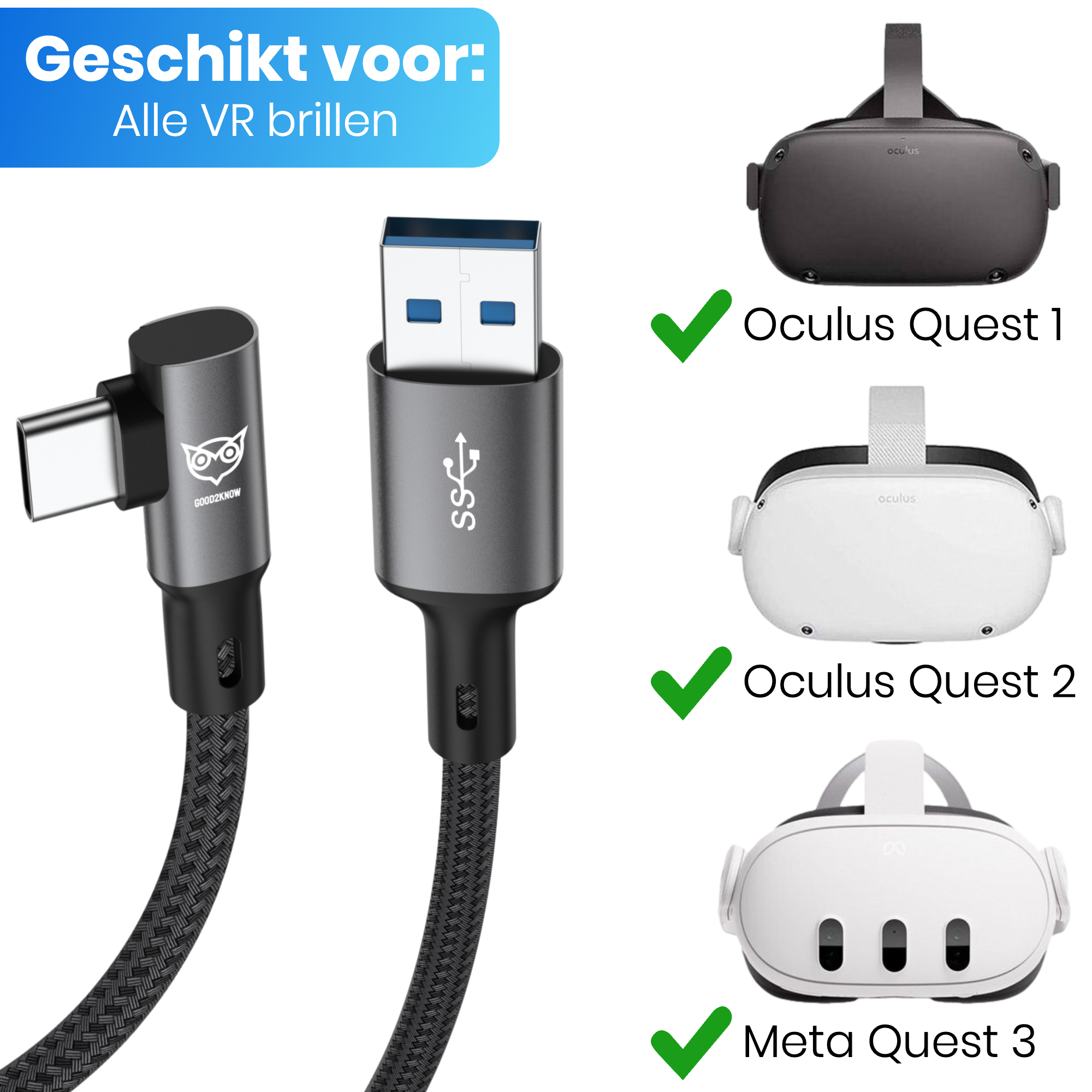 VR Kabel geschikt voor Oculus Quest 2, 1 en Meta 3 Link kabel - USB A - 5 Meter - VR bril