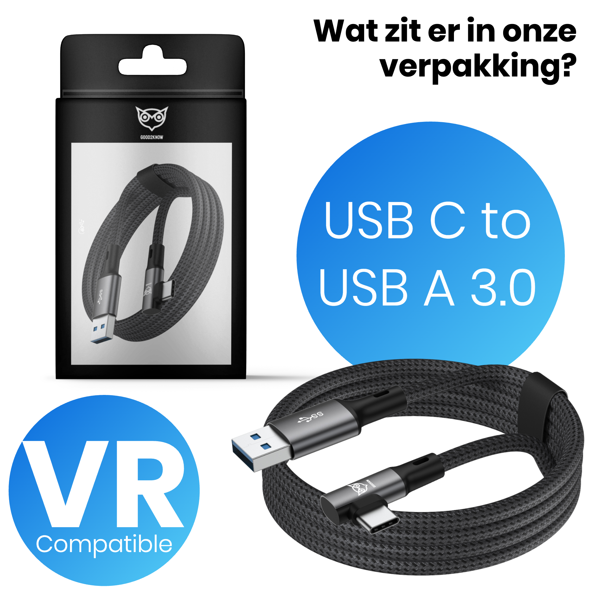 VR Kabel geschikt voor Oculus Quest 2, 1 en Meta 3 Link kabel - USB A - 5 Meter - VR bril