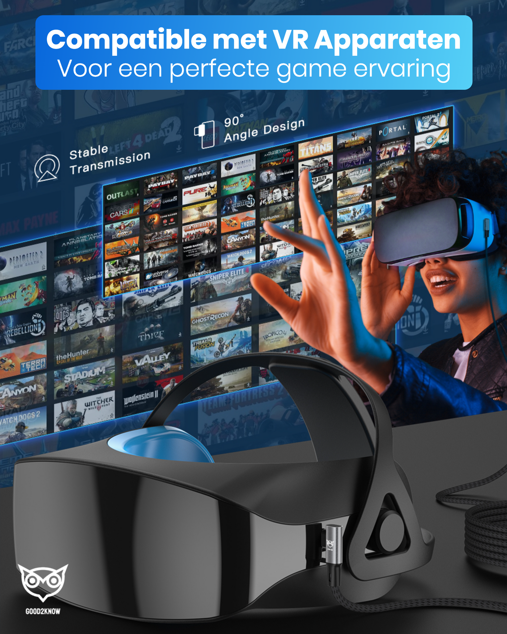 VR Kabel geschikt voor Oculus Quest 2, 1 en Meta 3 Link kabel - USB A - 5 Meter - VR bril