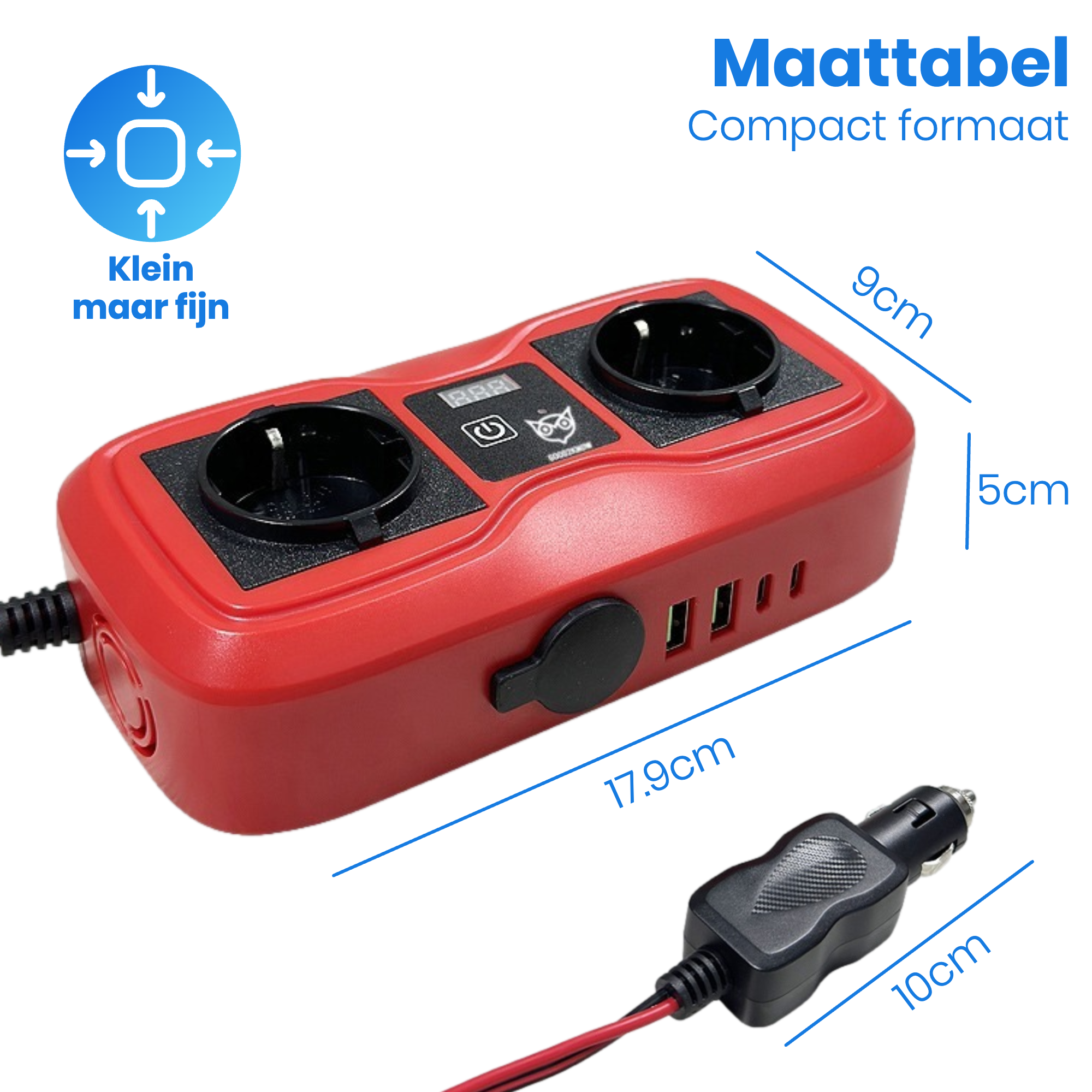 Auto Omvormer 12V 230V – Spanningsomvormer – Auto stopcontact omvormer - Sigarettenaansteker Splitter – 2 Stopcontacten, 2 usb-a poorten, 2 usb-c poorten, 1 aanstekerpoort - ROOD [G2K-77]