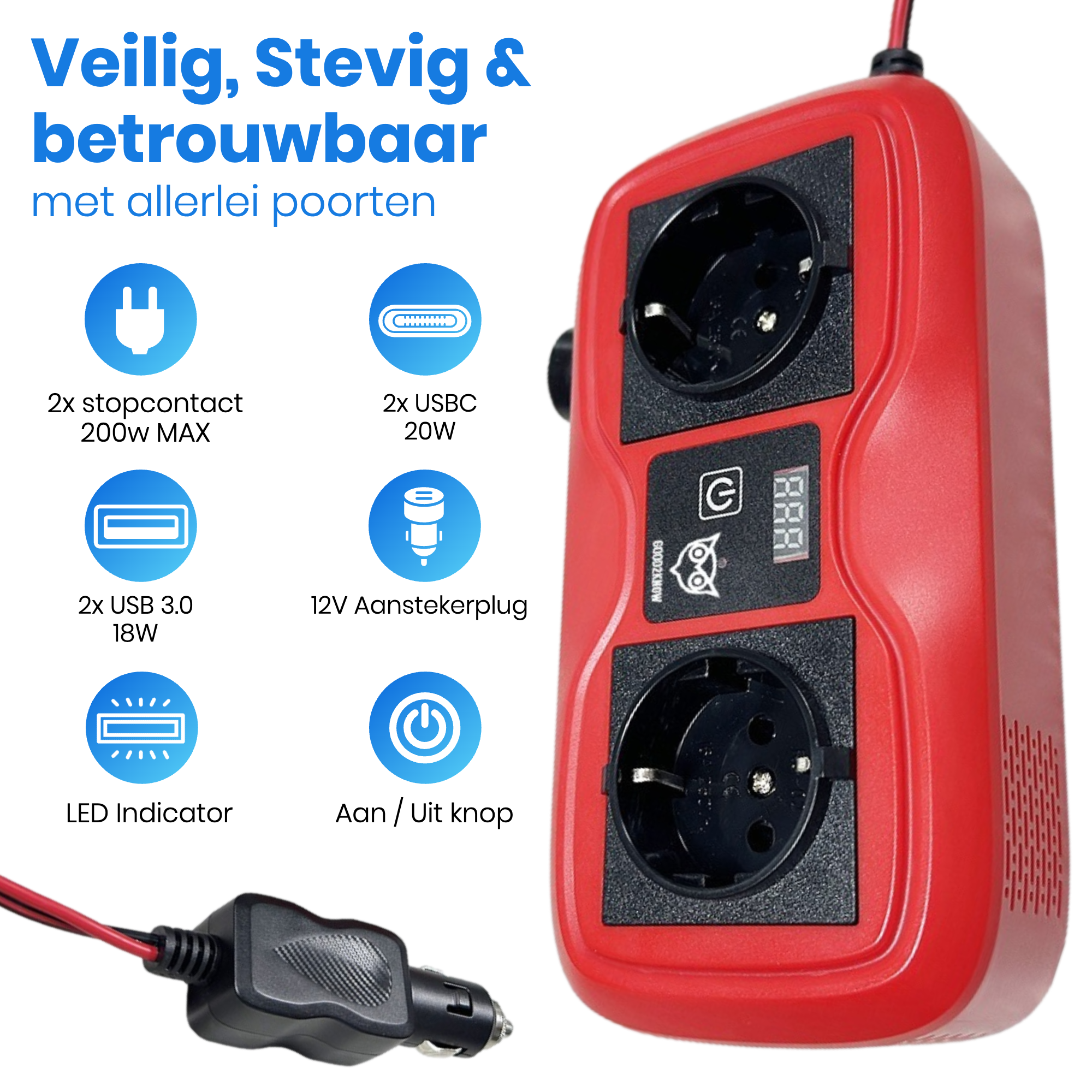 Auto Omvormer 12V 230V – Spanningsomvormer – Auto stopcontact omvormer - Sigarettenaansteker Splitter – 2 Stopcontacten, 2 usb-a poorten, 2 usb-c poorten, 1 aanstekerpoort - ROOD [G2K-77]