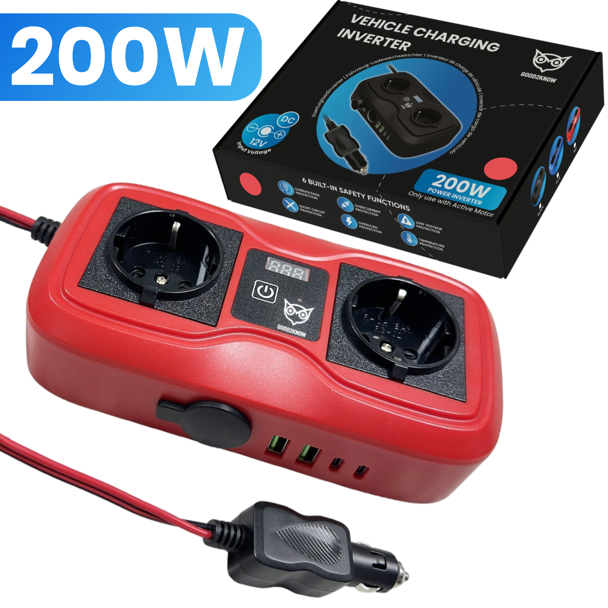 Auto Omvormer 12V 230V – Spanningsomvormer – Auto stopcontact omvormer - Sigarettenaansteker Splitter – 2 Stopcontacten, 2 usb-a poorten, 2 usb-c poorten, 1 aanstekerpoort - ROOD [G2K-77]