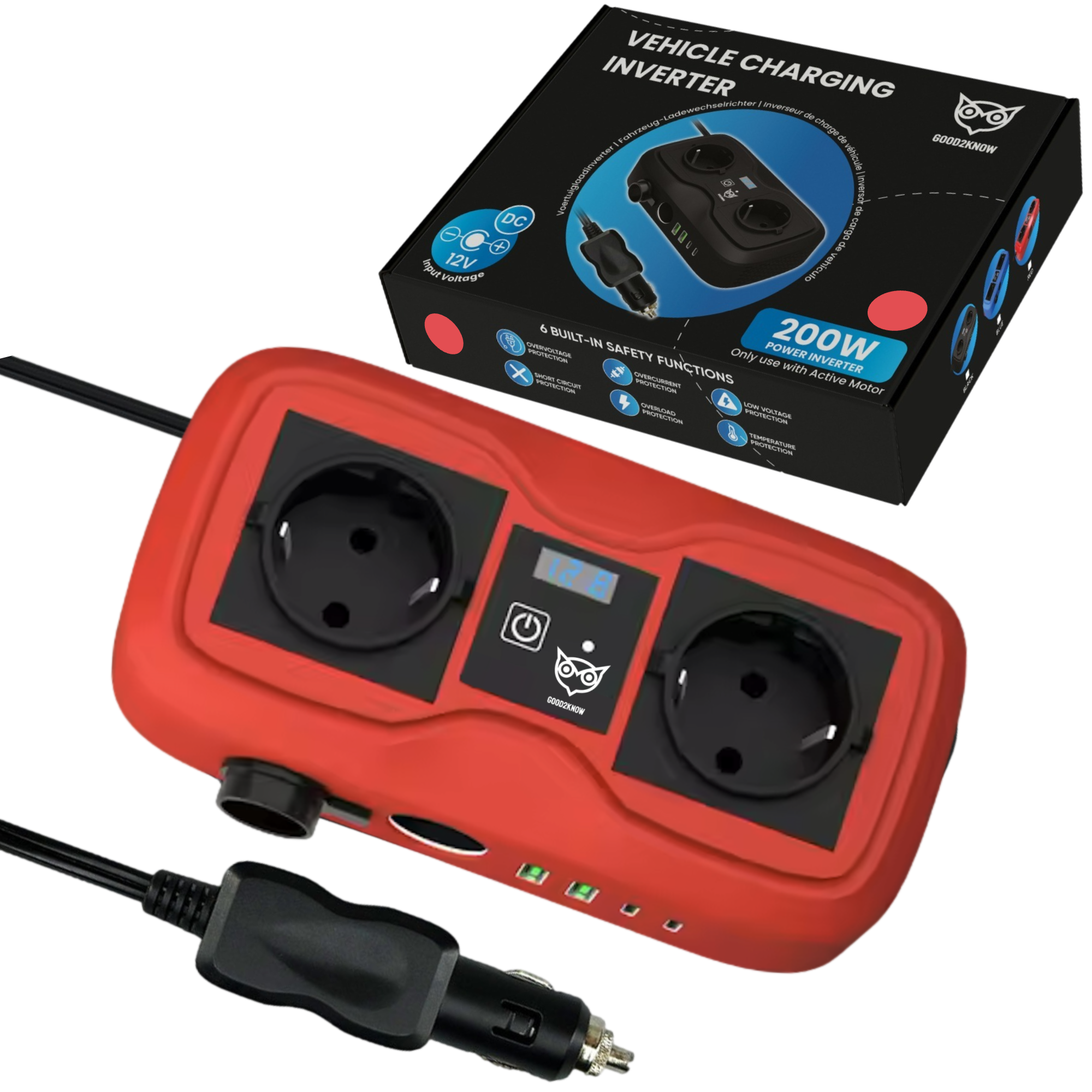 Auto Omvormer 12V 230V – Spanningsomvormer – Auto stopcontact omvormer - Sigarettenaansteker Splitter – 2 Stopcontacten, 2 usb-a poorten, 2 usb-c poorten, 1 aanstekerpoort - ROOD [G2K-77]
