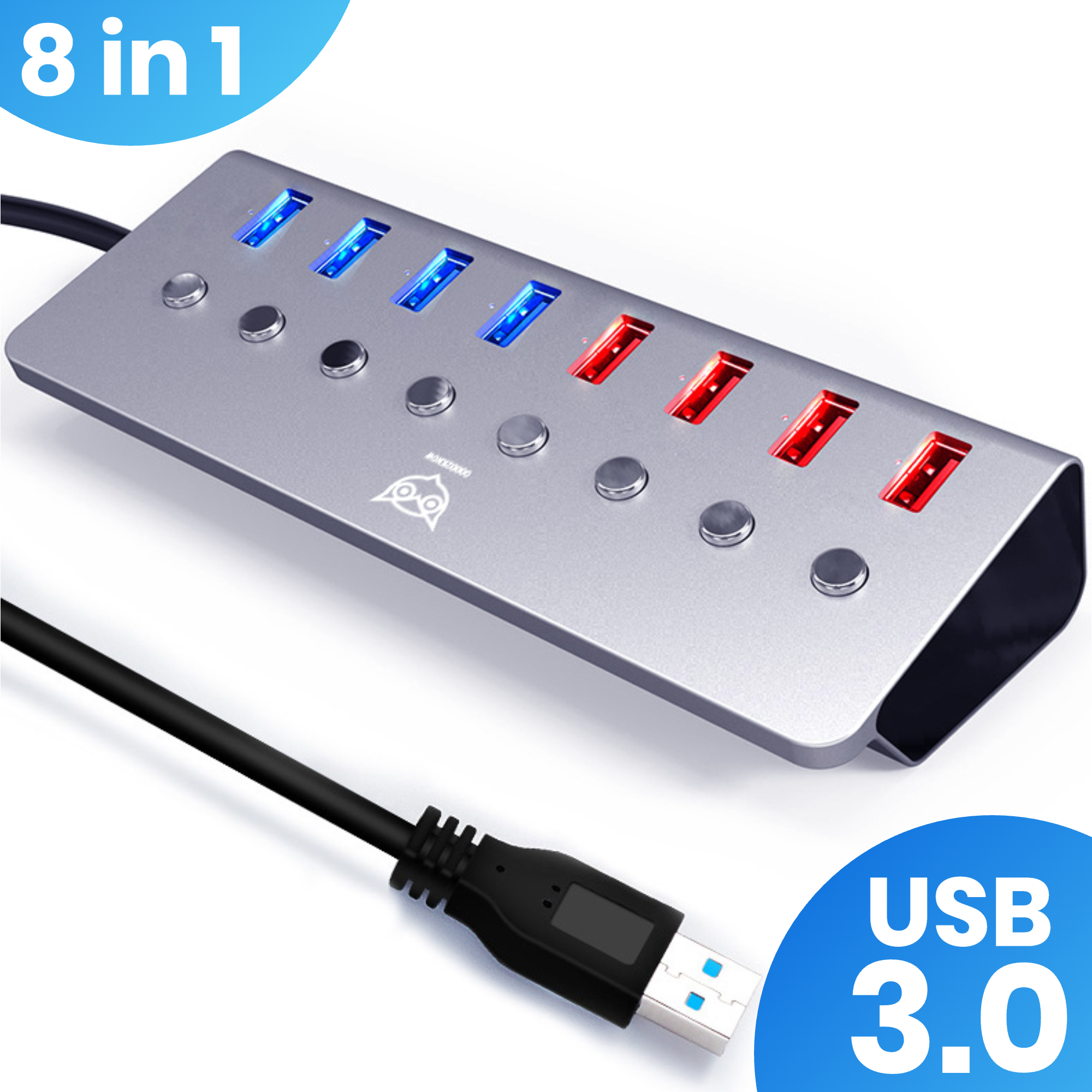 Good2know USB hub 3.0 – USB splitter – 8 poorten – 5 Gbps – Led indicator – Aan/Uit knop – 100CM Kabel – Aluminium Behuizing - [G2K-70]