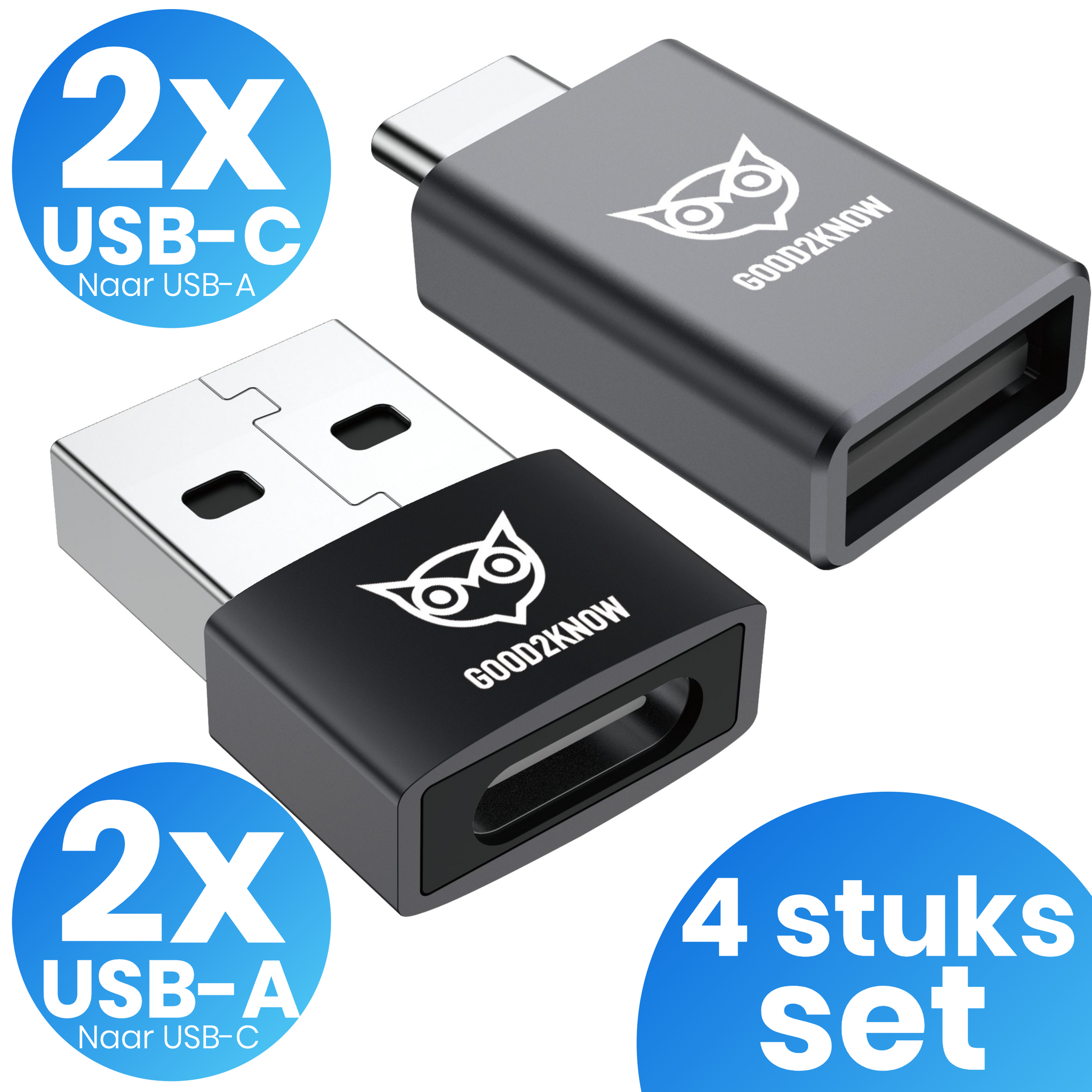 USB C adapter set - USB A adapter set - 4 stuks set - USB 2.0 - USB-C 3.0 - USB C naar USB A - USB A naar USB C