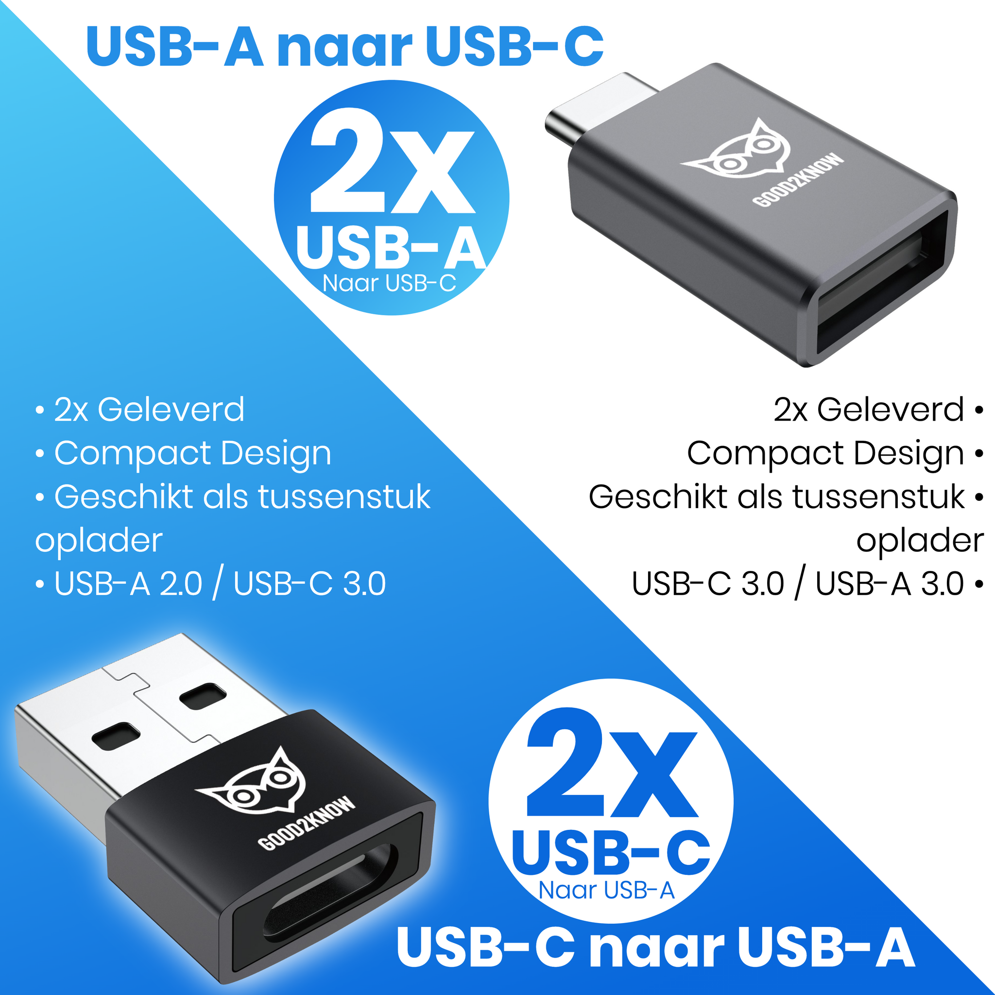 Good2know USB C adapter - USB A adapter - 4 stuks set - USB 2.0 - USB-C 3.0 - USB C naar USB A - USB A naar USB C