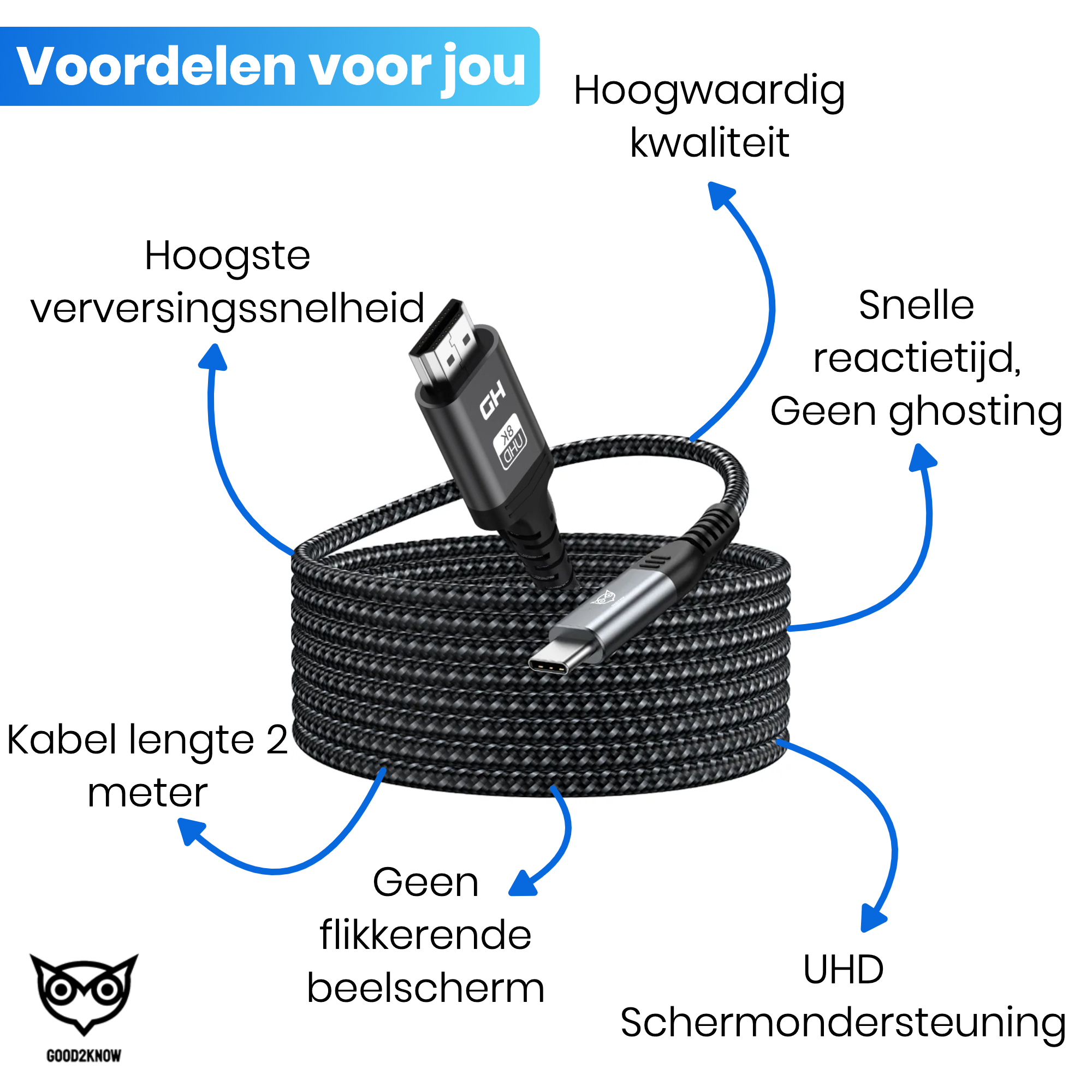 Good2know Usb c naar HDMI - 2 meter - Ultra 8k - 4k - 2k - Video kabel geschikt voor macbook pro, air - hdmi switch - usb c naar hdmi kabel