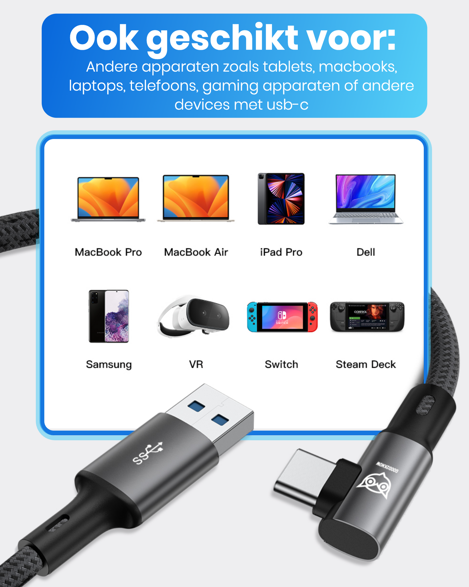 VR Kabel geschikt voor Oculus Quest 2, 1 en Meta 3 Link kabel - USB A - 5 Meter - VR bril