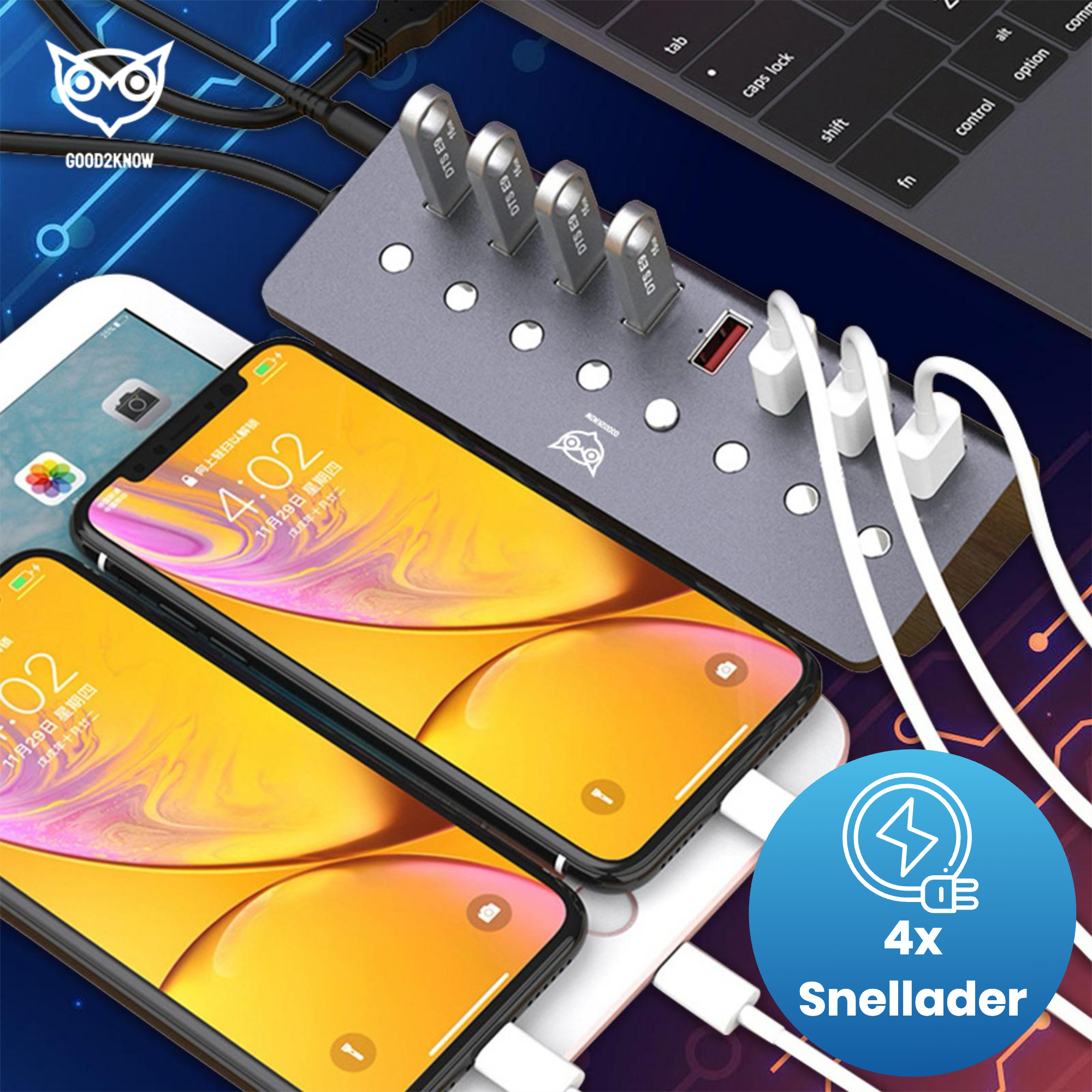 Good2know USB hub 3.0 – USB splitter – 8 poorten – 5 Gbps – Led indicator – Aan/Uit knop – 100CM Kabel – Aluminium Behuizing - [G2K-70]