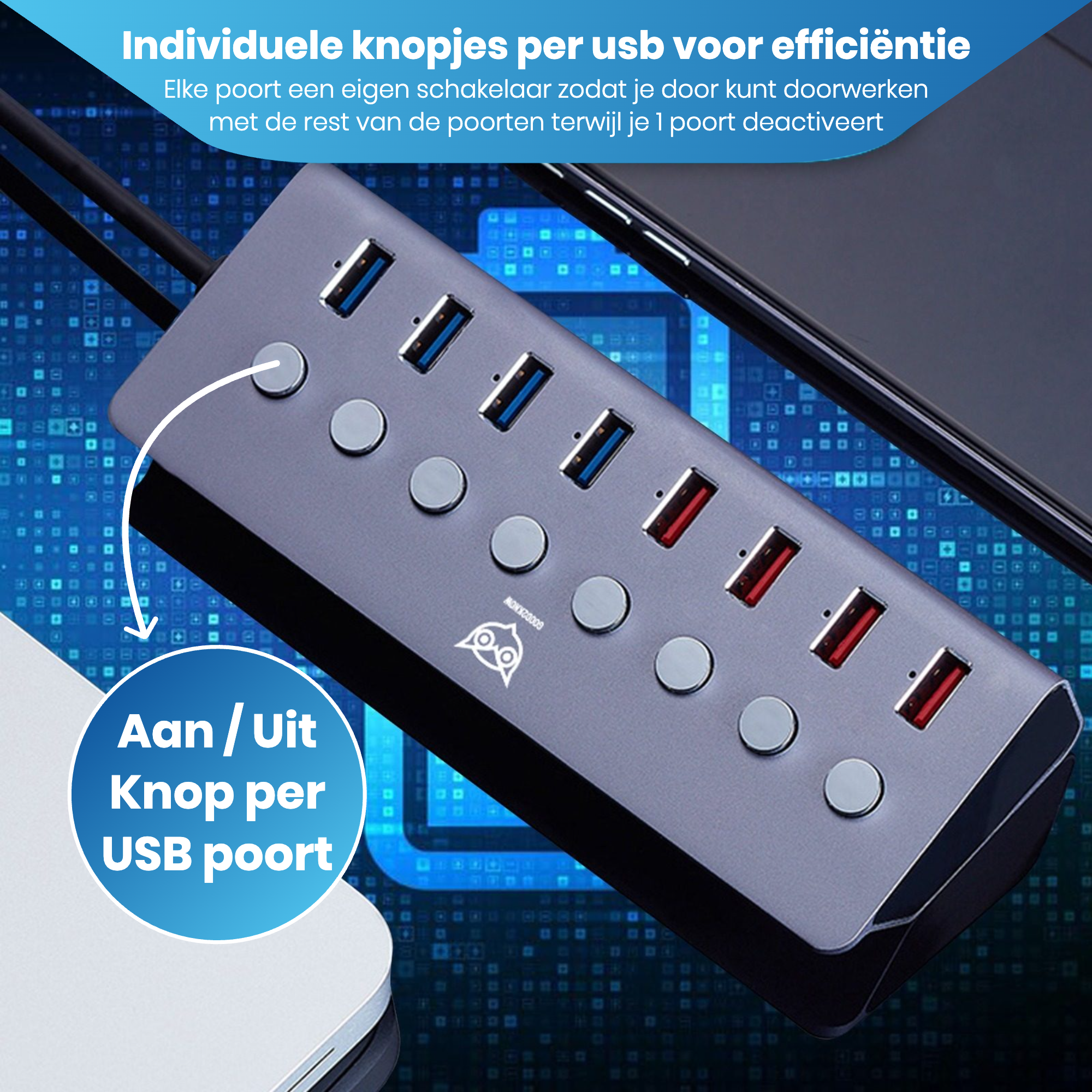 Good2know USB hub 3.0 – USB splitter – 8 poorten – 5 Gbps – Led indicator – Aan/Uit knop – 100CM Kabel – Aluminium Behuizing - [G2K-70]