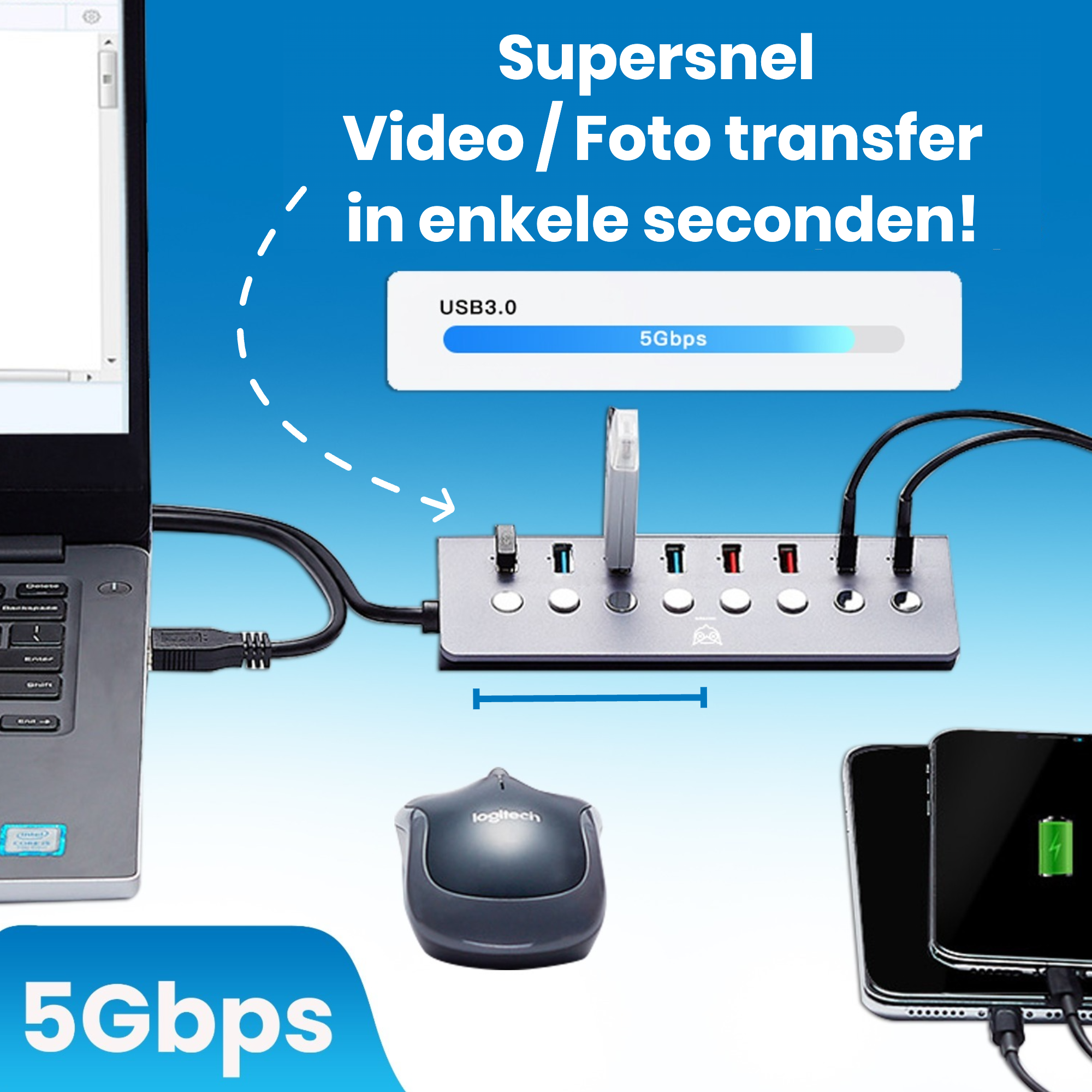 Good2know USB hub 3.0 – USB splitter – 8 poorten – 5 Gbps – Led indicator – Aan/Uit knop – 100CM Kabel – Aluminium Behuizing - [G2K-70]