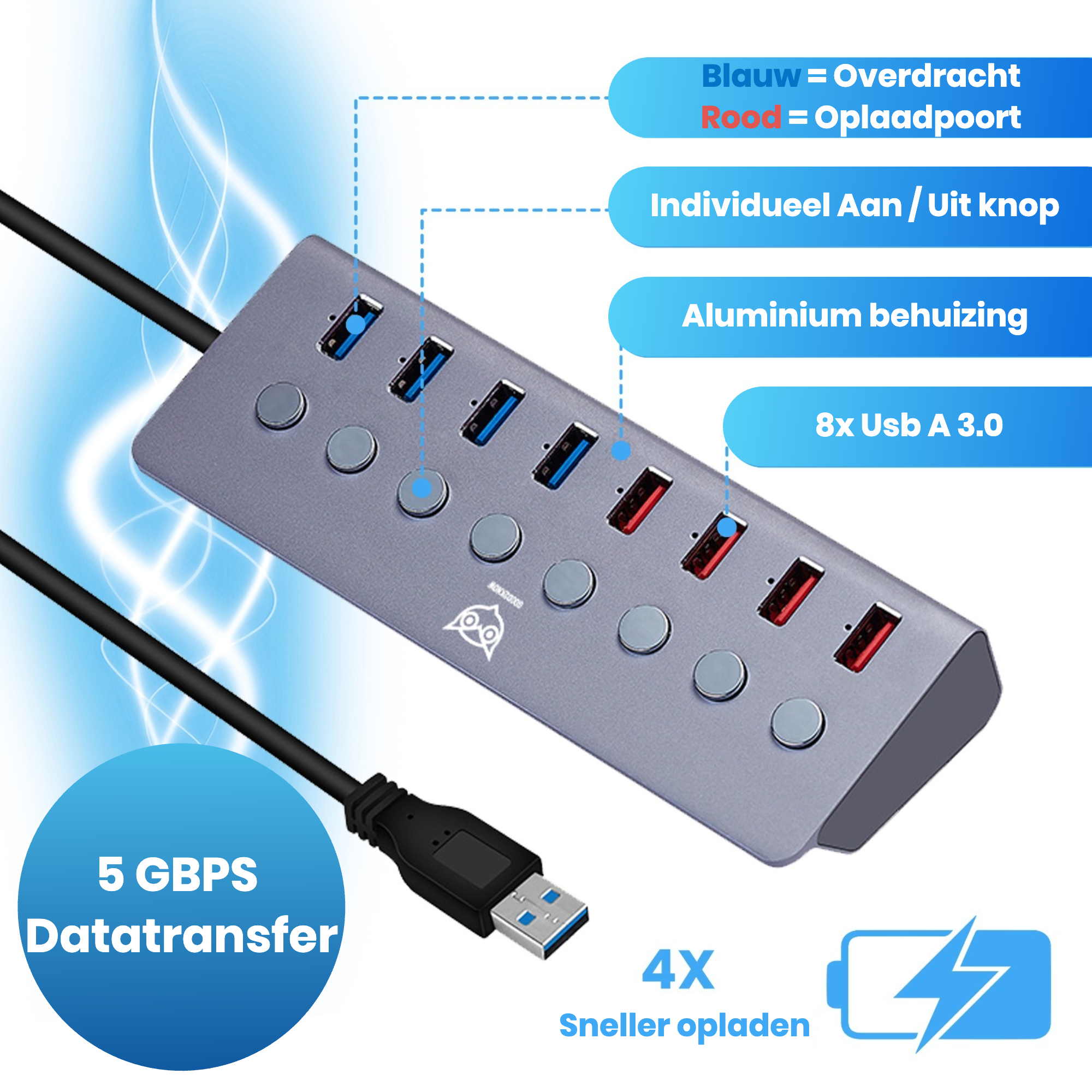 Good2know USB hub 3.0 – USB splitter – 8 poorten – 5 Gbps – Led indicator – Aan/Uit knop – 100CM Kabel – Aluminium Behuizing - [G2K-70]