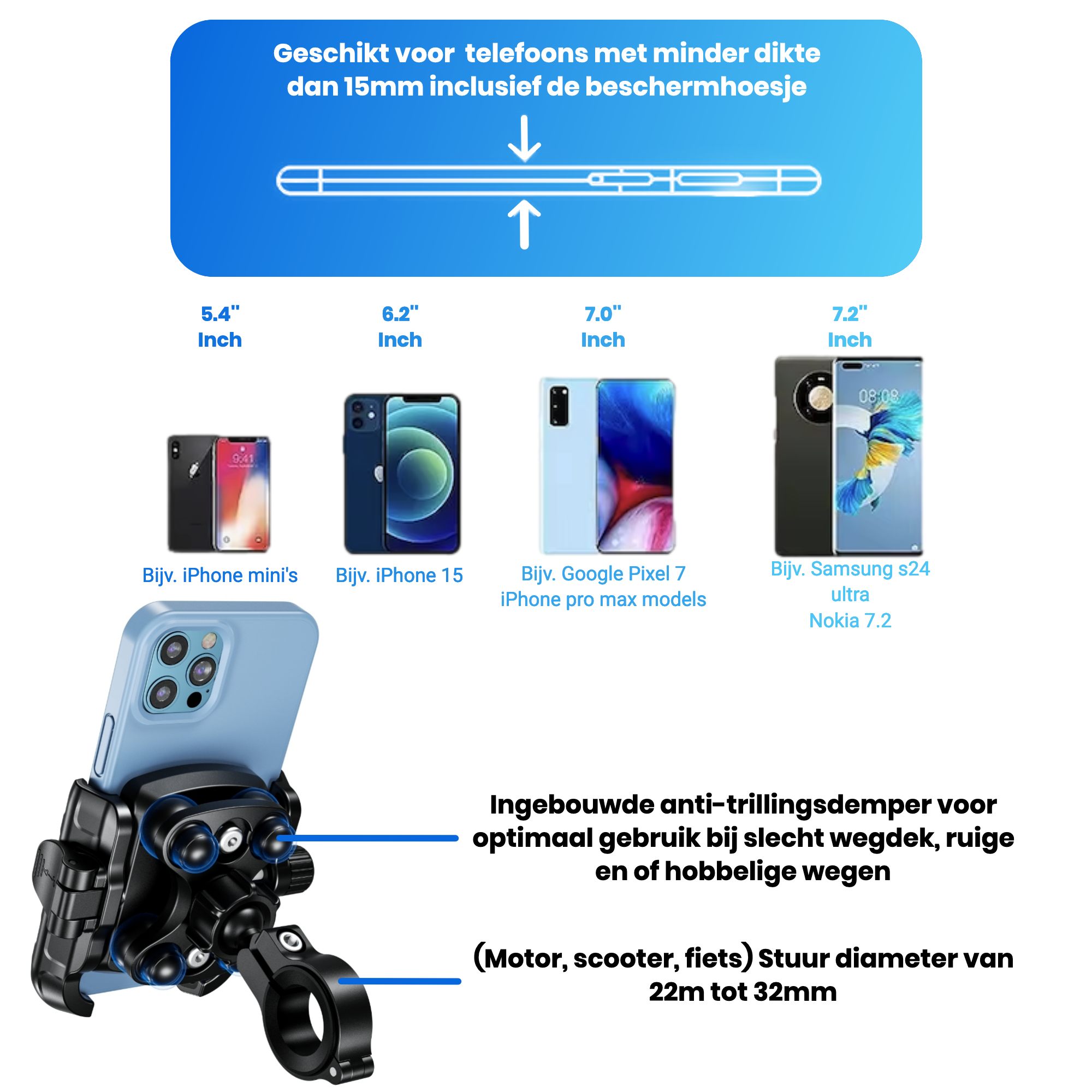 Telefoonhouder motor/ATV met anti-shock - Smartphone houder met anti-trillingsdempers - Telefoon standaard - 360º Draaibaar - Geschikt voor Fiets, scooter, e-bike(G2K-68)