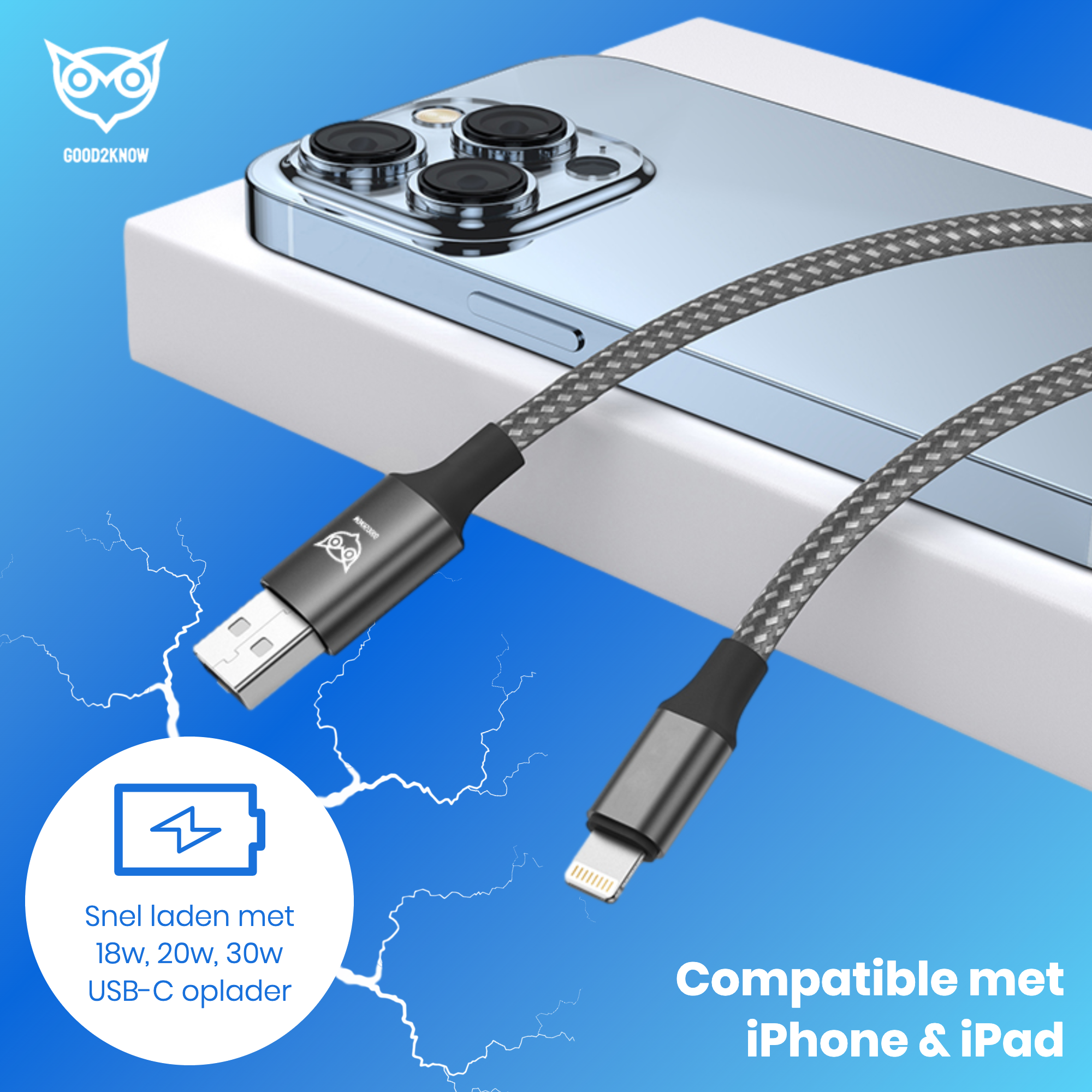 USB A naar Lightning kabel 1 meter geschikt voor Apple iPhone, iPad, Airpods - iPhone oplader kabel - lader(G2K-53)