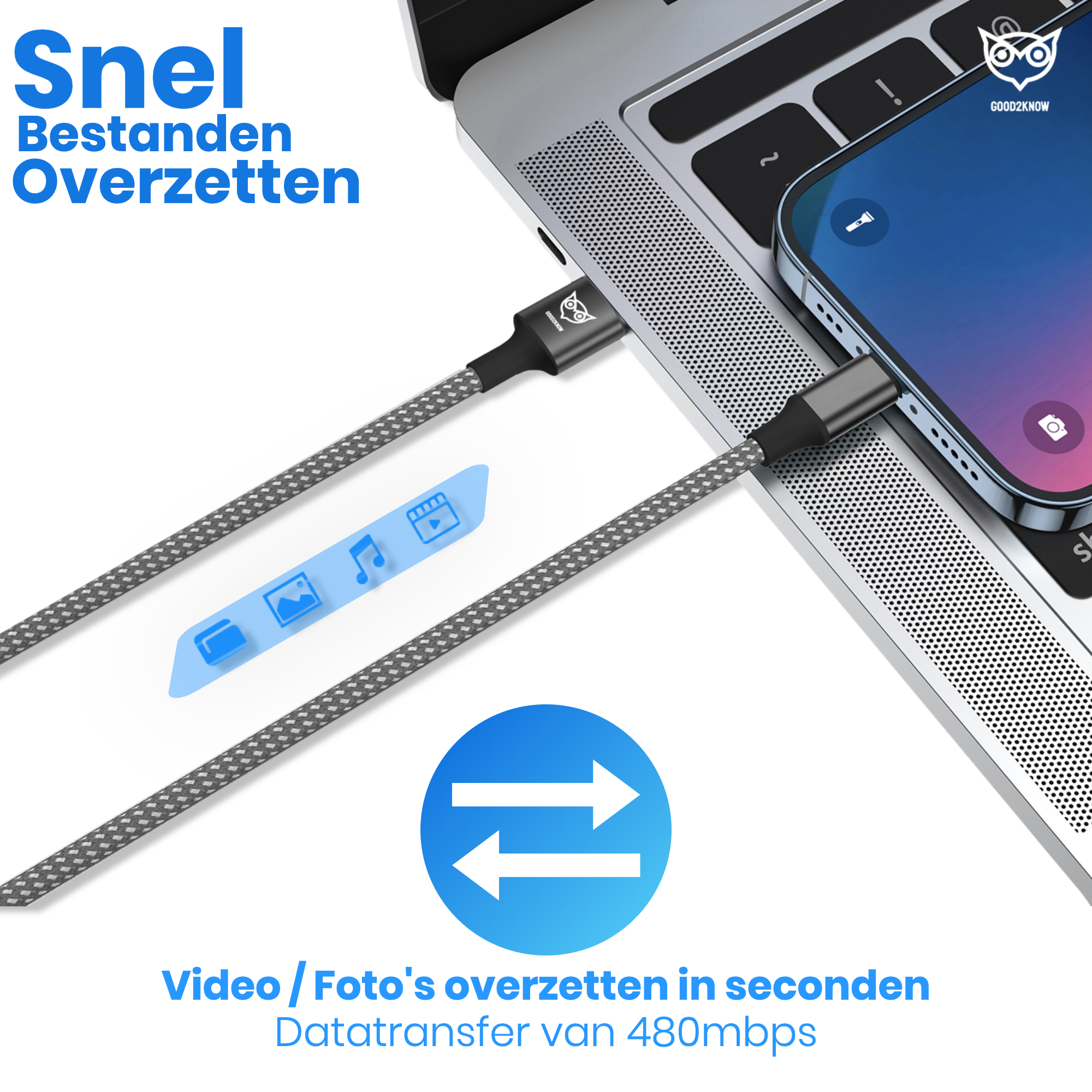 USB A naar Lightning kabel 1 meter geschikt voor Apple iPhone, iPad, Airpods - iPhone oplader kabel - lader(G2K-53)