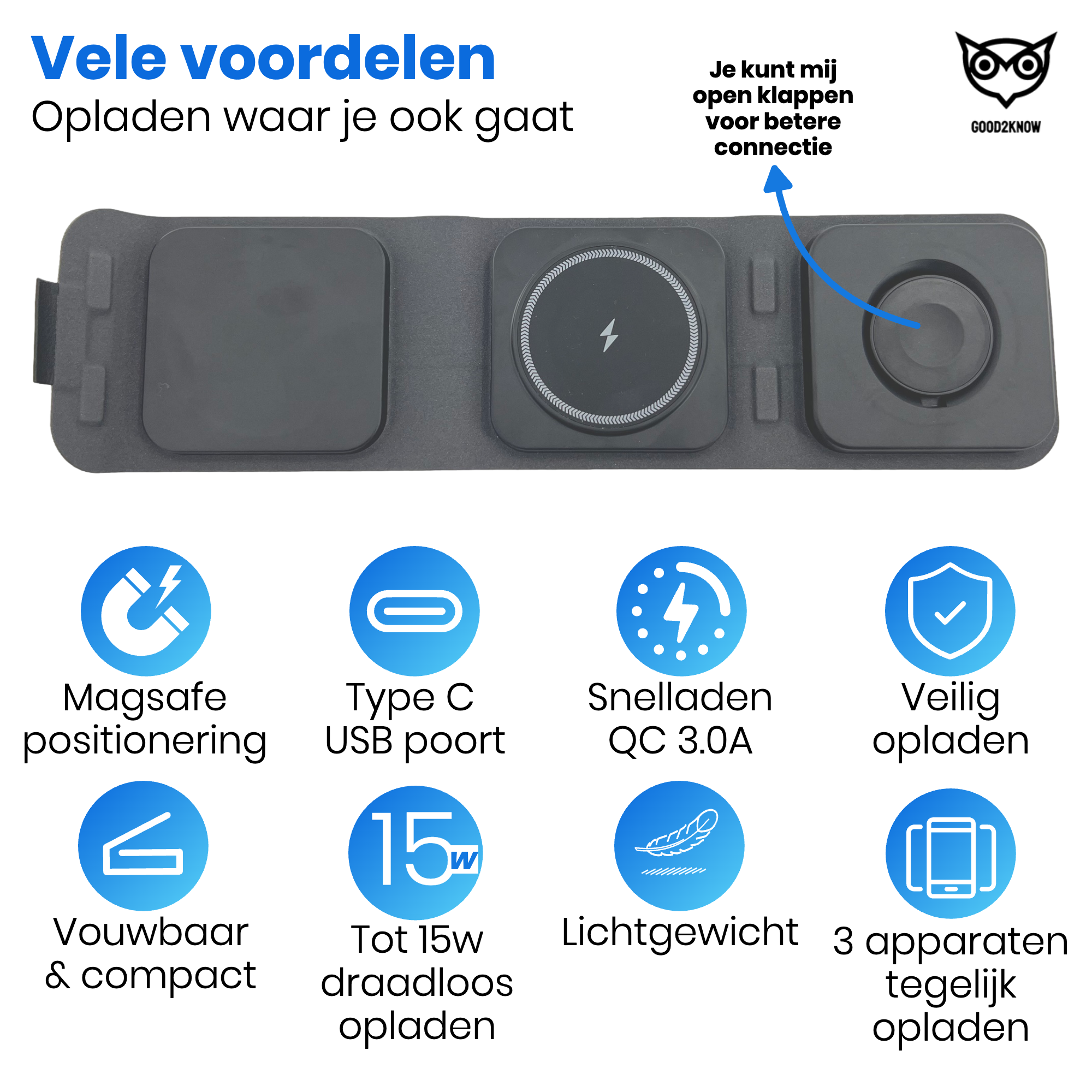 3 in 1 Draadloze Oplader pro - Magnetisch & Inklapbaar – 15W Snellader iPhone & Samsung - Oplaadstation Apple – Magsafe oplader