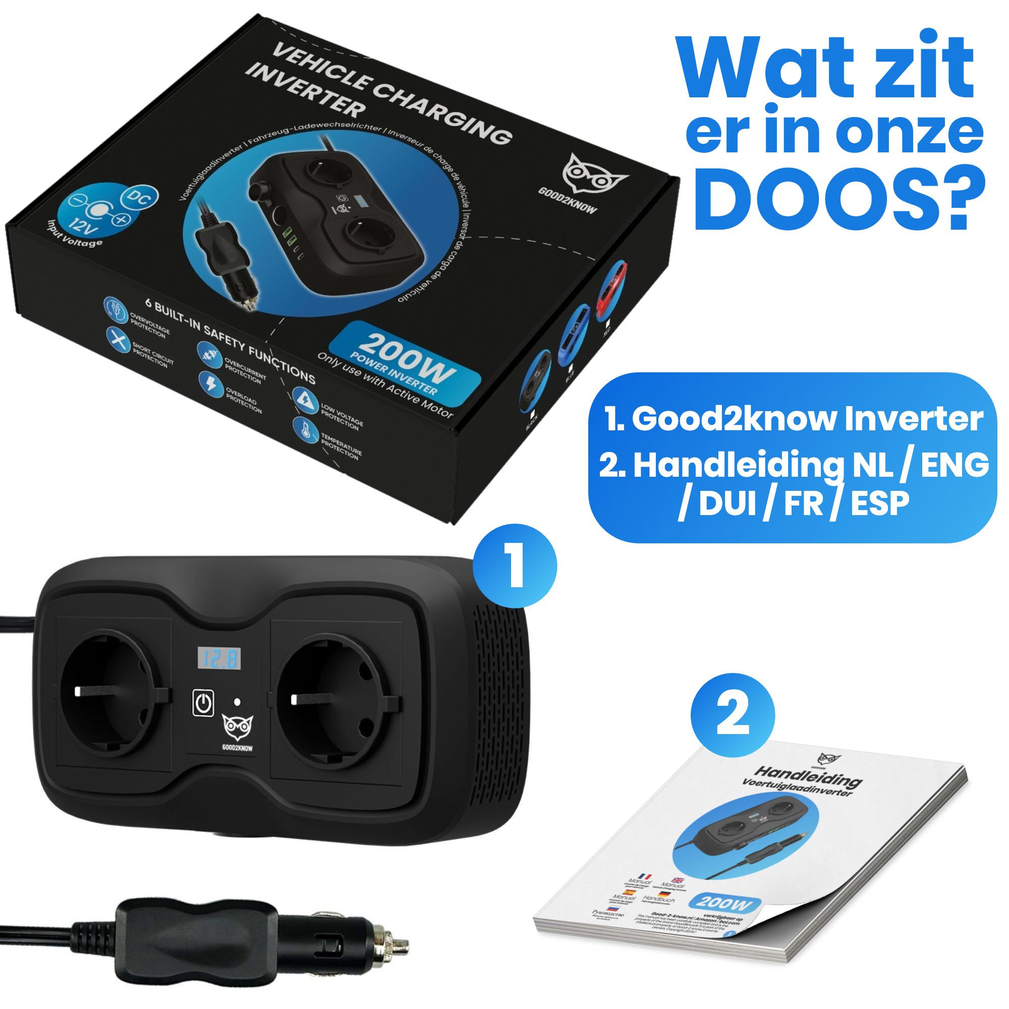 Auto Omvormer 12V 230V – Spanningsomvormer – Auto stopcontact omvormer - Sigarettenaansteker Splitter – 2 Stopcontacten, 2 usb-a poorten, 2 usb-c poorten, 1 aanstekerpoort