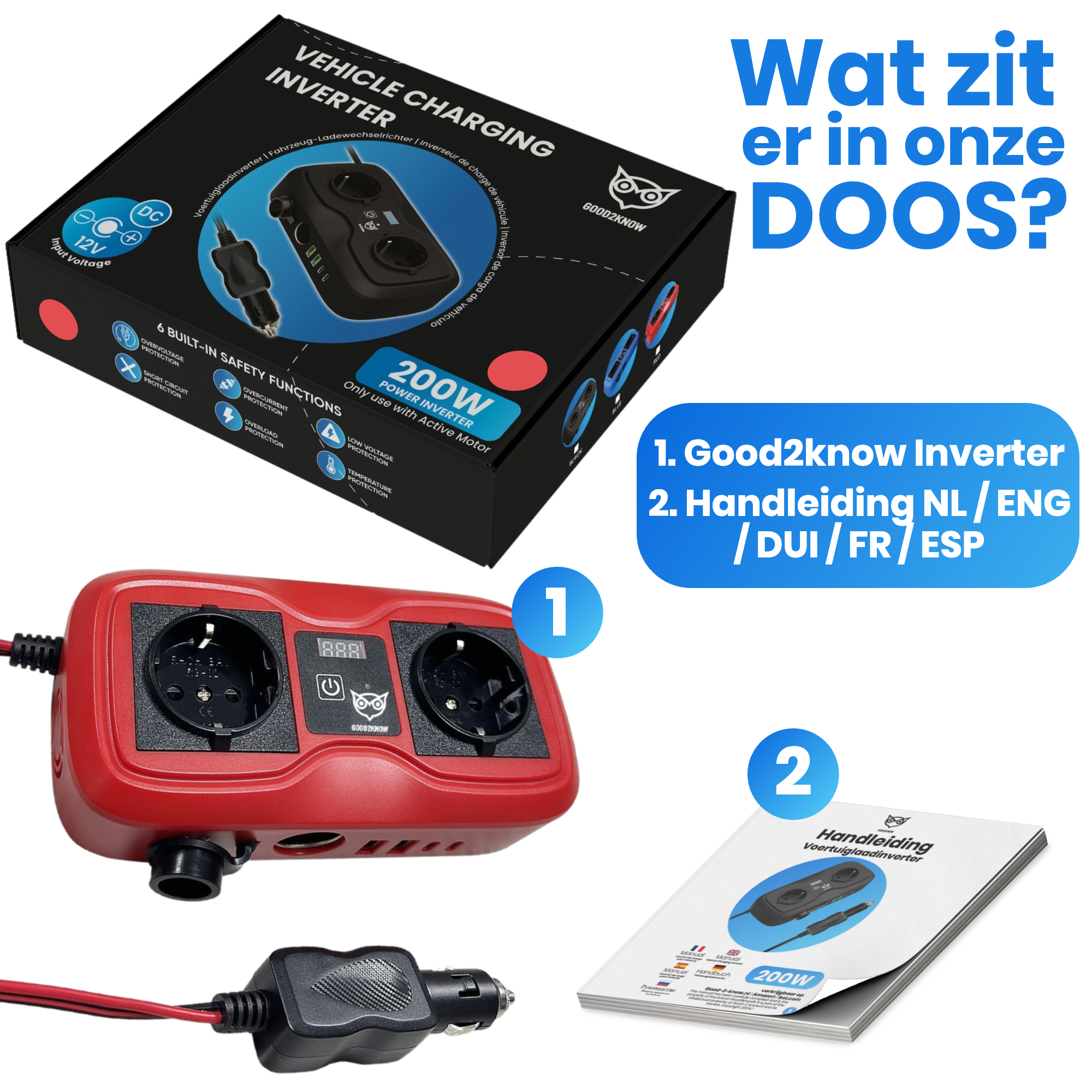 Auto Omvormer 12V 230V – Spanningsomvormer – Auto stopcontact omvormer - Sigarettenaansteker Splitter – 2 Stopcontacten, 2 usb-a poorten, 2 usb-c poorten, 1 aanstekerpoort - ROOD [G2K-77]