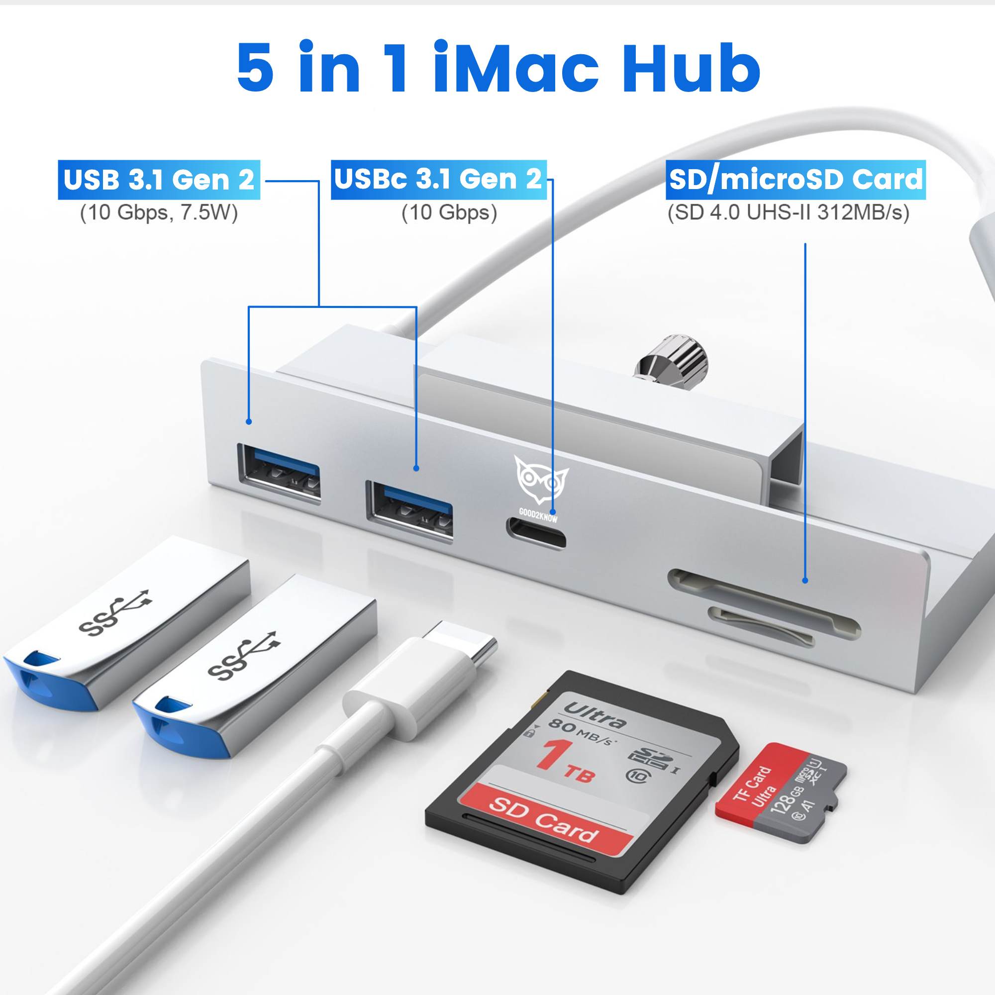 Good2know USB-C iMac hub Gen2 5 in 1 Geschikt voor iMac 24 inch, 27 inch