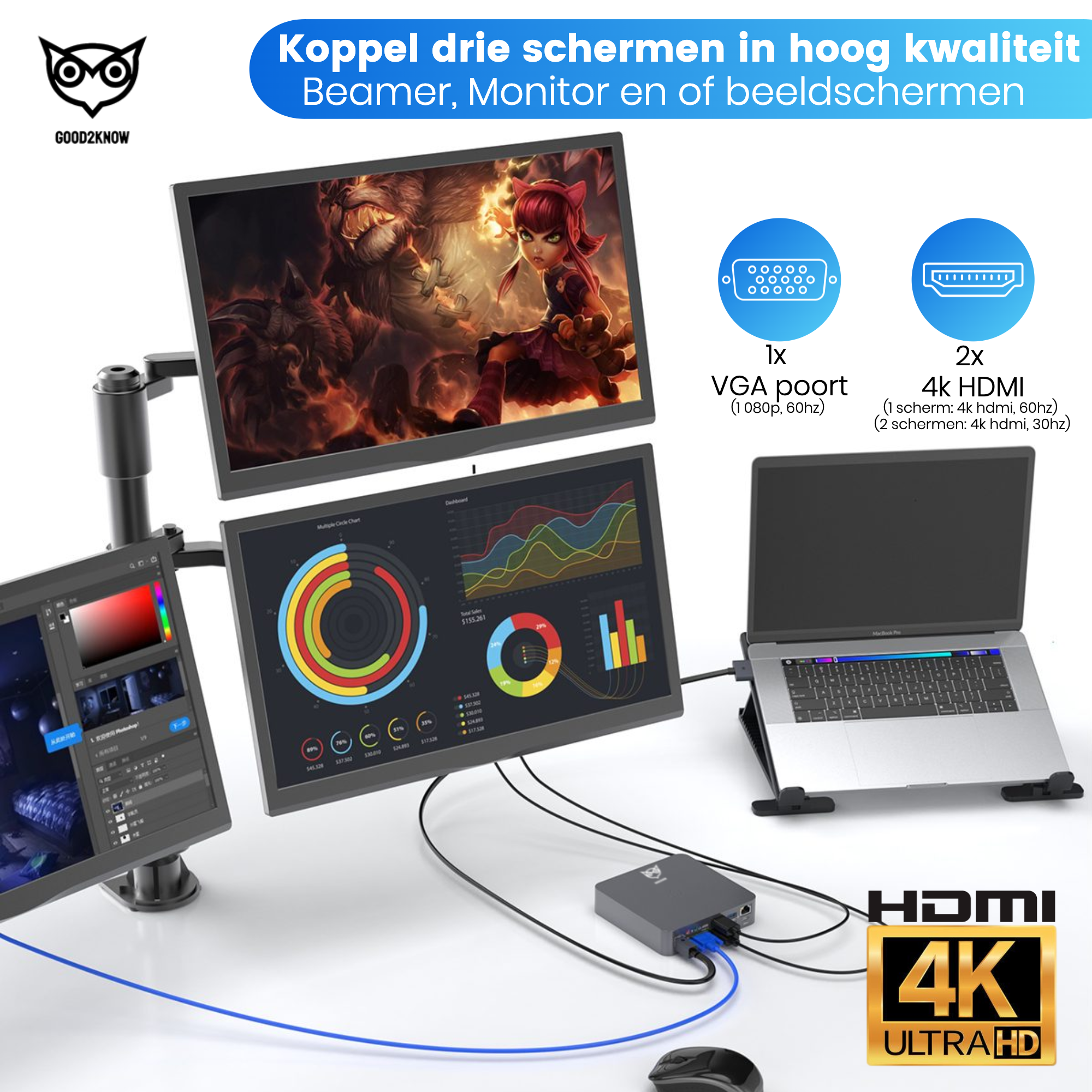 Macbook Hub Docking station 18 in 2 - 4k HDMI Usb Splitter Alleen Geschikt voor Macbook Air en Macbook Pro(G2K-34)